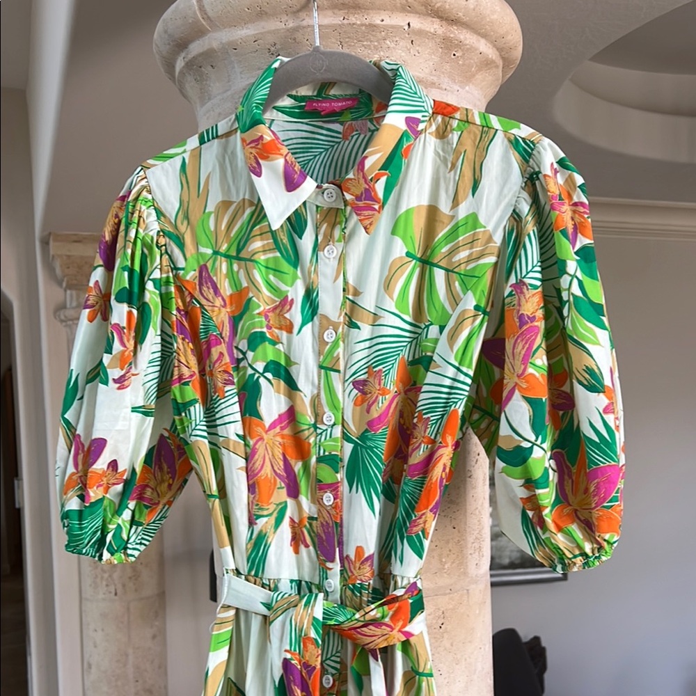 NWOT Tropical Floral Button-Up Dress Size Small Green Orange Pink Poplin Dress